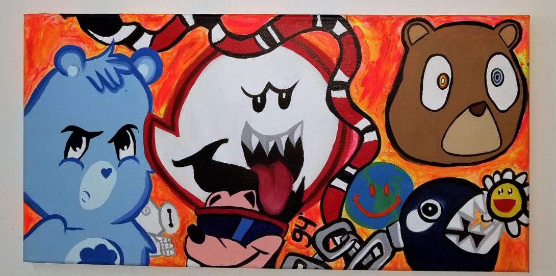 Painting of game characters on panel