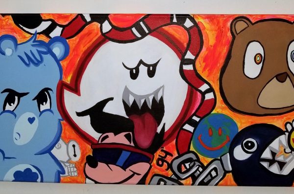 A painting of ghost and game characters