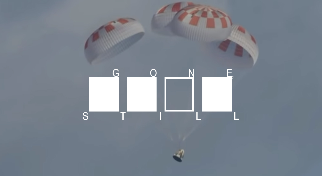 Gone, Still logo  Space capsule with parachutes and falling through blue grey sky.
